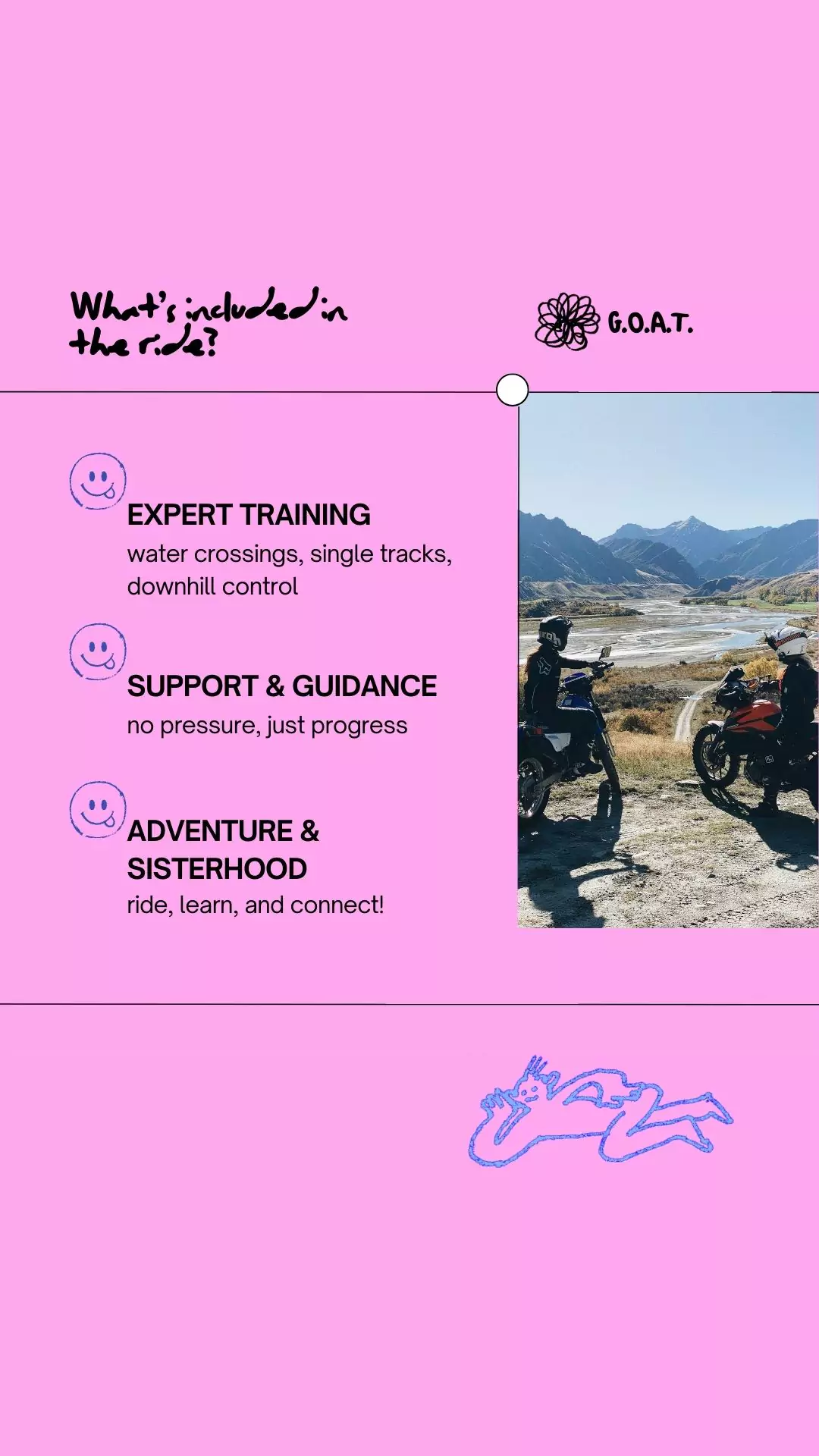 A female motorcyclist navigating a stunning off-road trail in Queenstown, part of the GOAT experience – an exclusive motorcycle tour for women led by experienced riders and supported by expert guides.